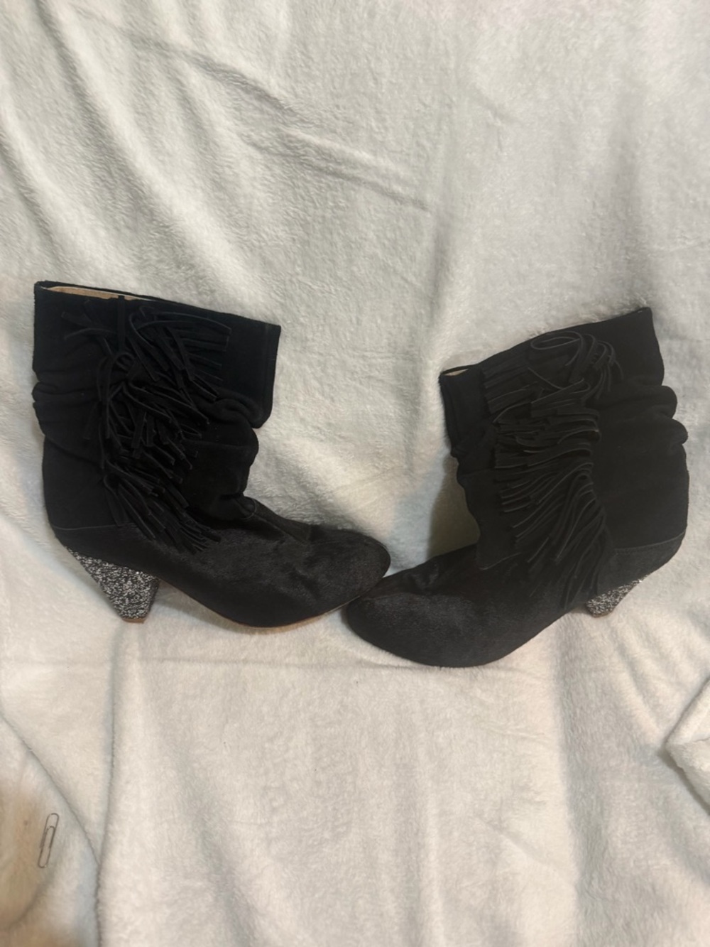 Vero Cuoio Black Fringe Ankle Boots with Glitter Heel